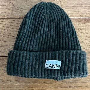 Ganni Forest Green Ribbed Knit Beanie